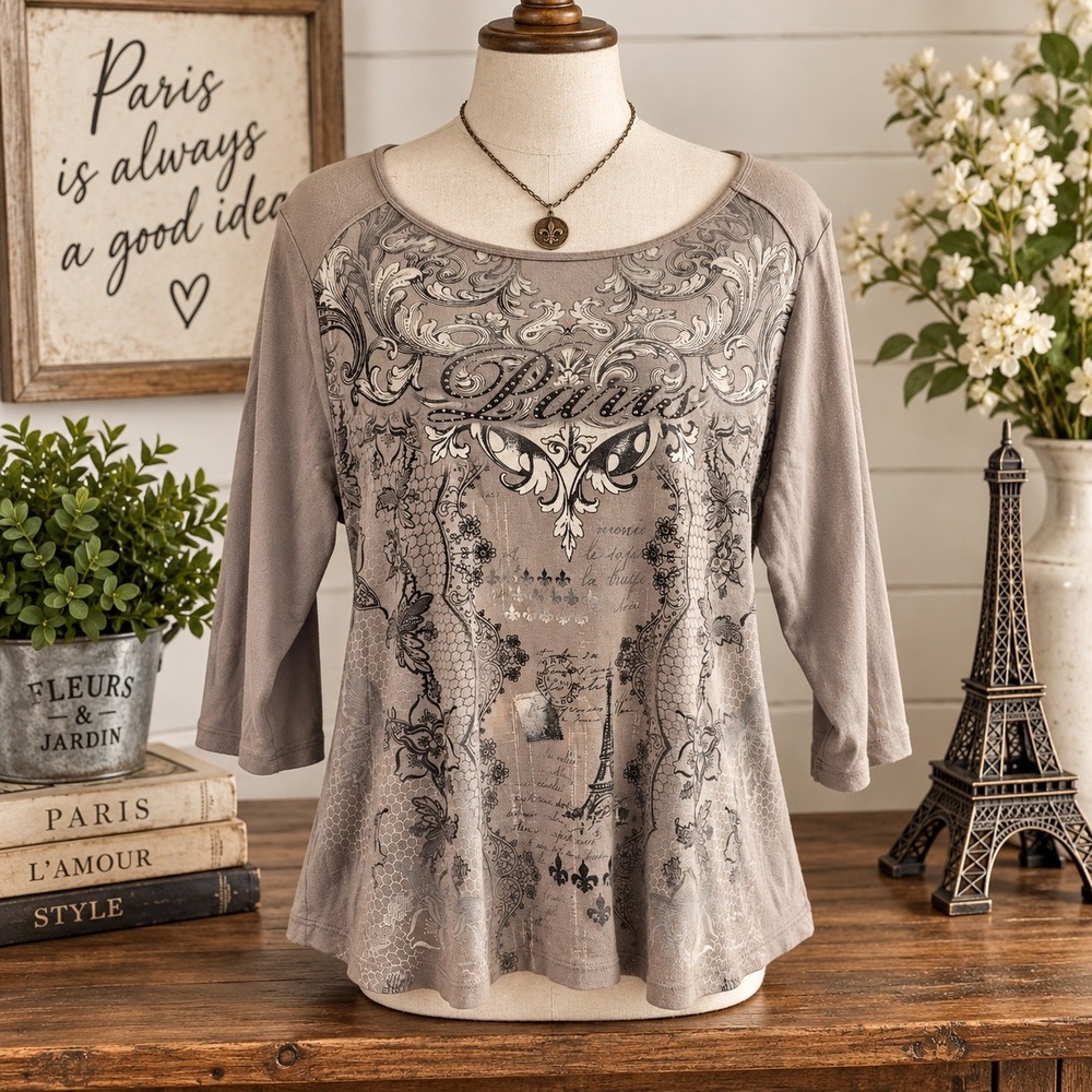 B.L.E.U. Woman Paris Graphic Top Taupe Grey Rhinestone 3/4 Sleeve 2X USA Made